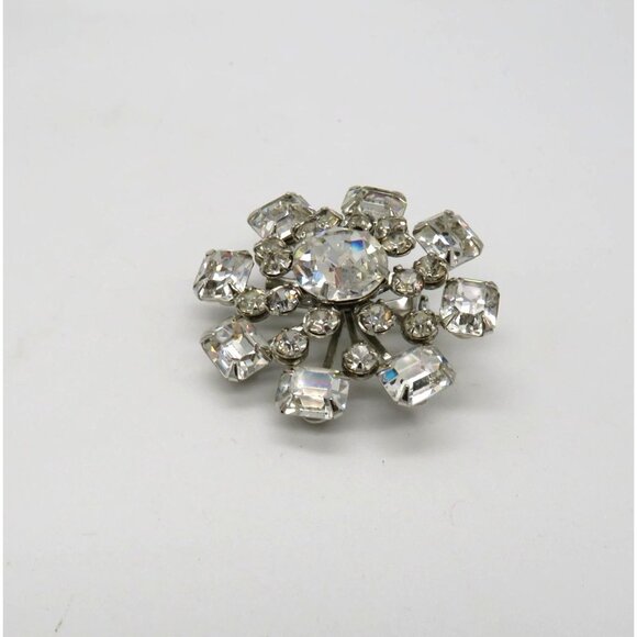 Vintage Rhinestone Brooch 1.5" Silver Tone Clear Round Square Stones Floral Pin - Picture 4 of 12